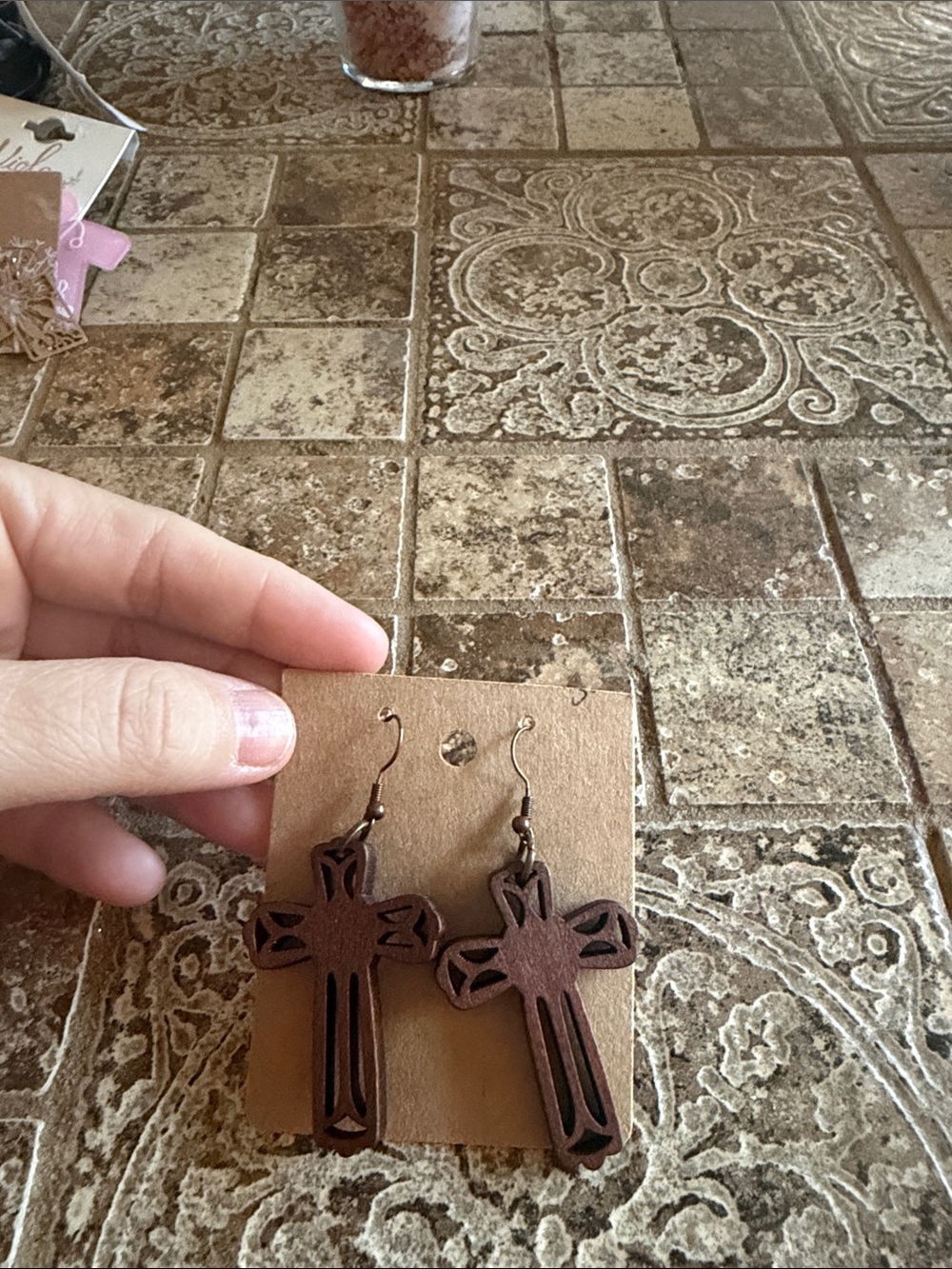 Wooden Cross Dangle Earrings - Brown